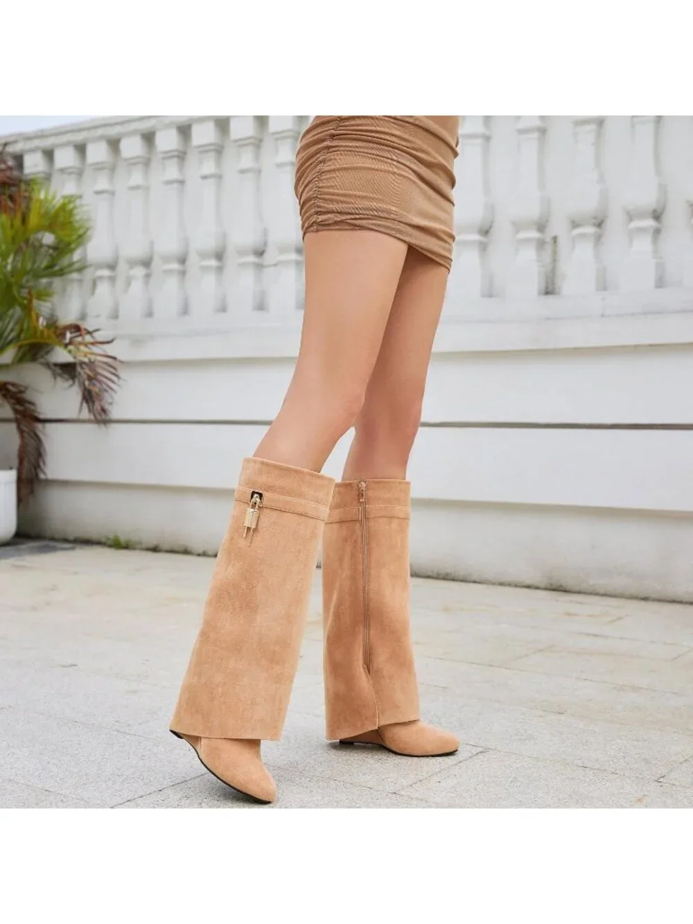 Women's Beige Suede Pointed Toe Wedge Heel Side Zipper Knee High Shark Boots